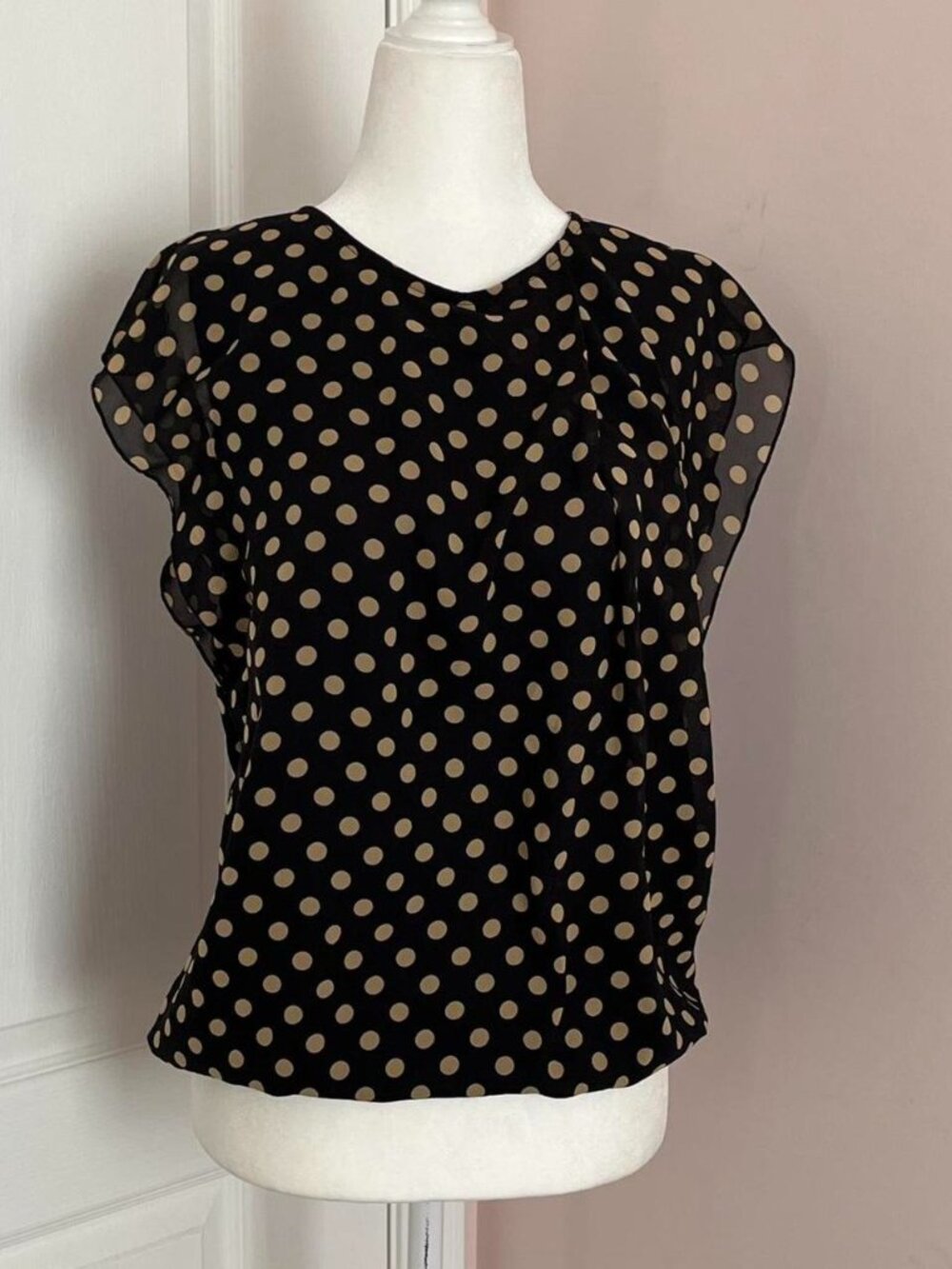 black and tan/beige polka dot sheer blouse with inner lining